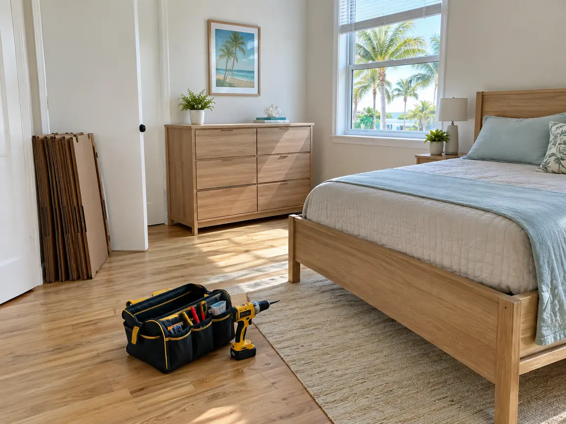 Assembled bed and dresser with tools and flattened boxes