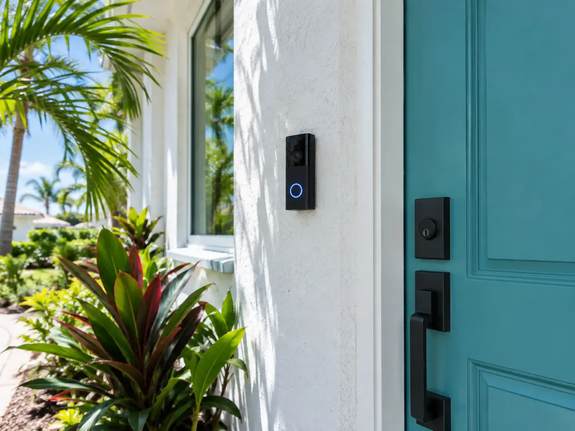 Video doorbell installed beside a teal front door